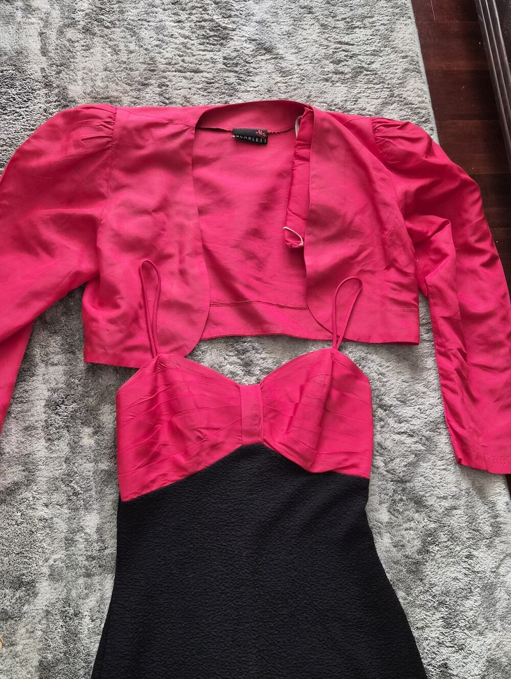 Vintage 80s Hot Pink & Black Two-Piece Dress Set Cropped Blazer - Picture 2 of 10